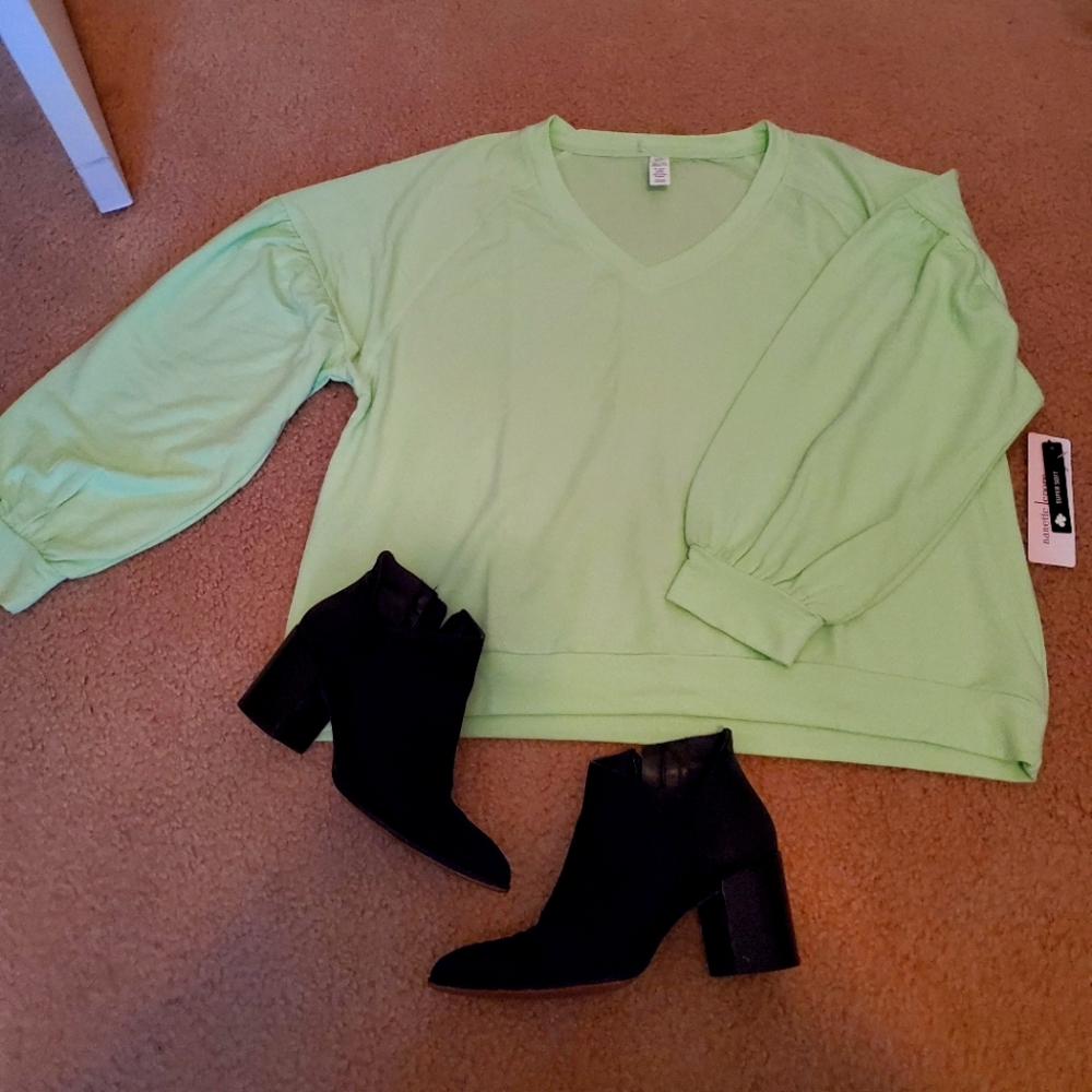 Nanette Lepore Lime Green Balloon Sleeves V Neck Top Women's Size XL